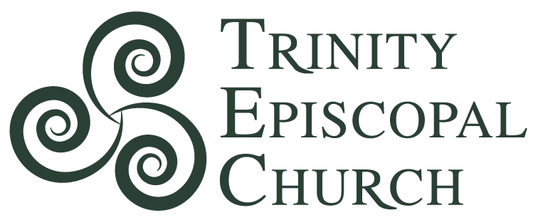 A green logo featuring the name "Trinity Episcopal Church" beside an abstract spiral design, resembling a triskelion symbol.