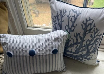 Two decorative pillows on a windowsill, one with blue stripes and dots, the other with a coral pattern. Outdoor foliage visible.
